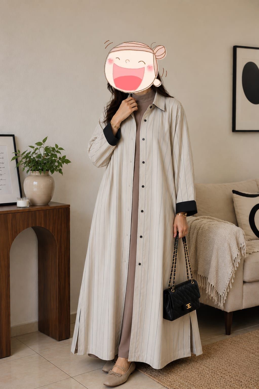 Elegant White & Black Striped Open Abaya | Long Overcoat Style