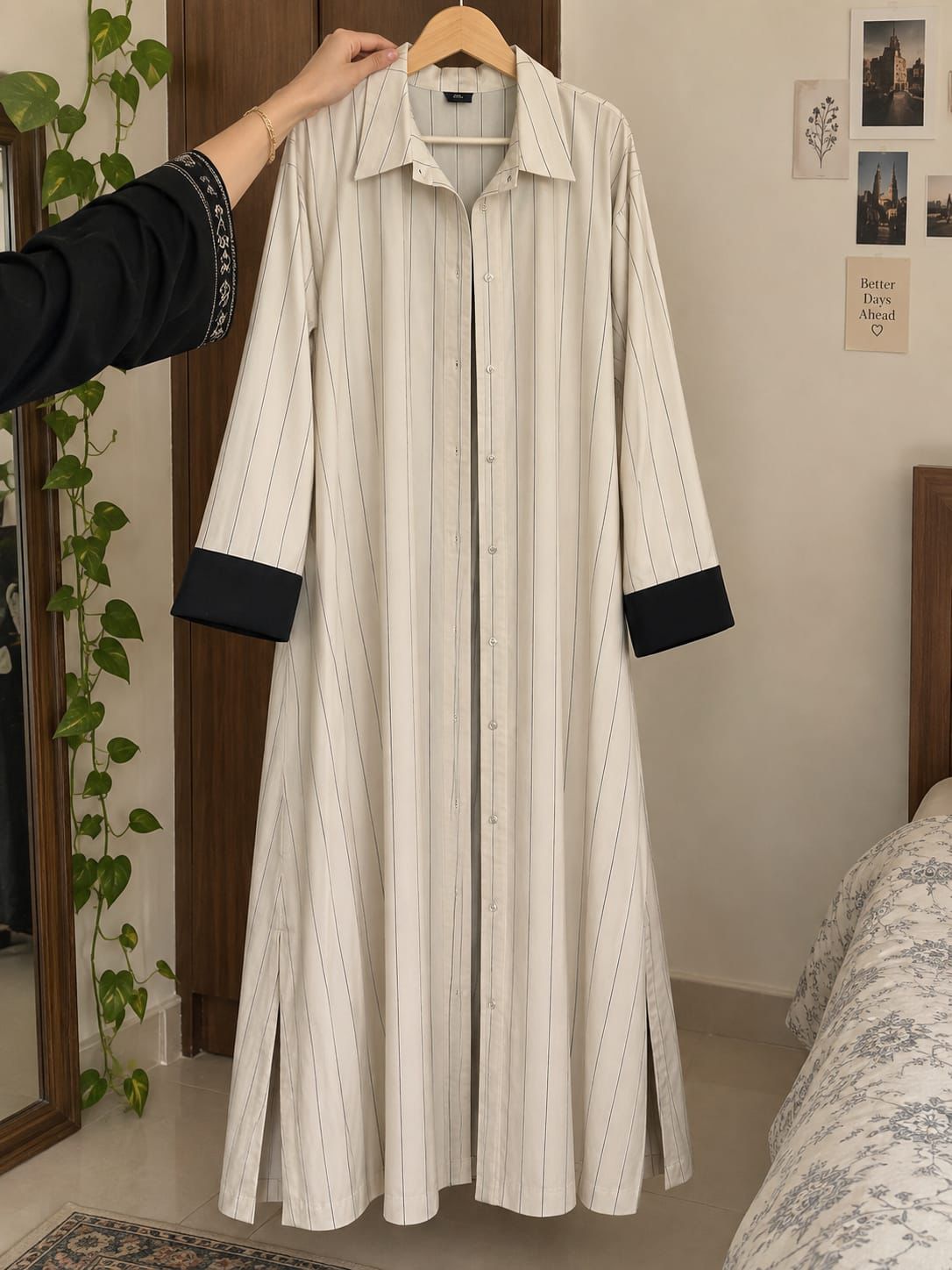 Elegant White & Black Striped Open Abaya | Long Overcoat Style