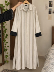 Elegant White & Black Striped Open Abaya | Long Overcoat Style