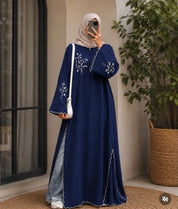 Navy Blue Embroidered Maxi Dress | Modest Flared Abaya