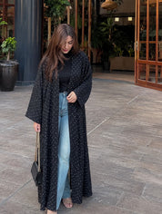 Black Polka Dot Open Abaya | Kimono Style Overcoat