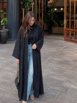 Black Polka Dot Open Abaya | Kimono Style Overcoat