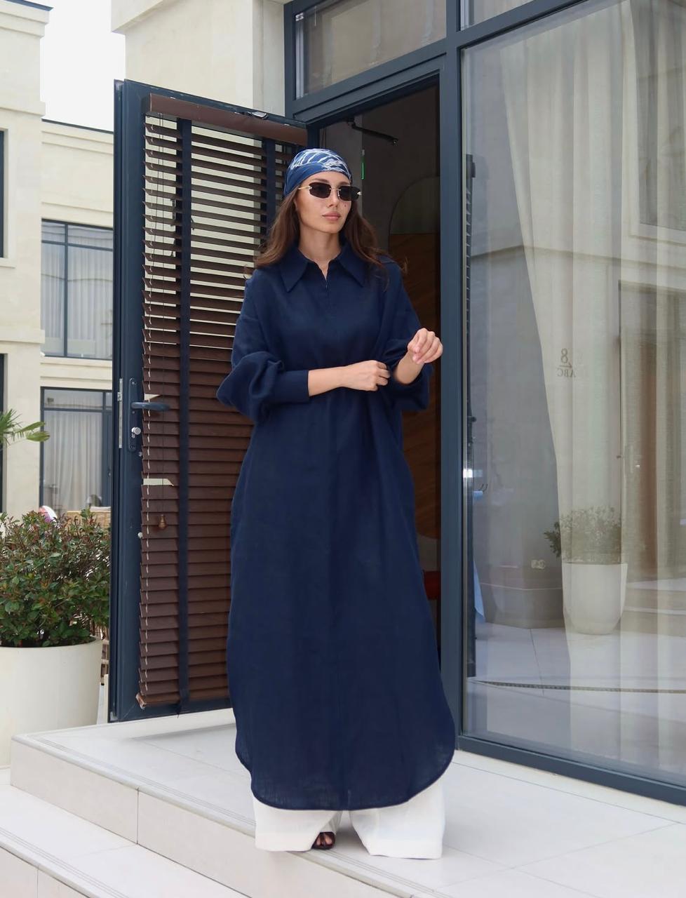 Navy Blue Shirt Style Long Dress | Modest Maxi