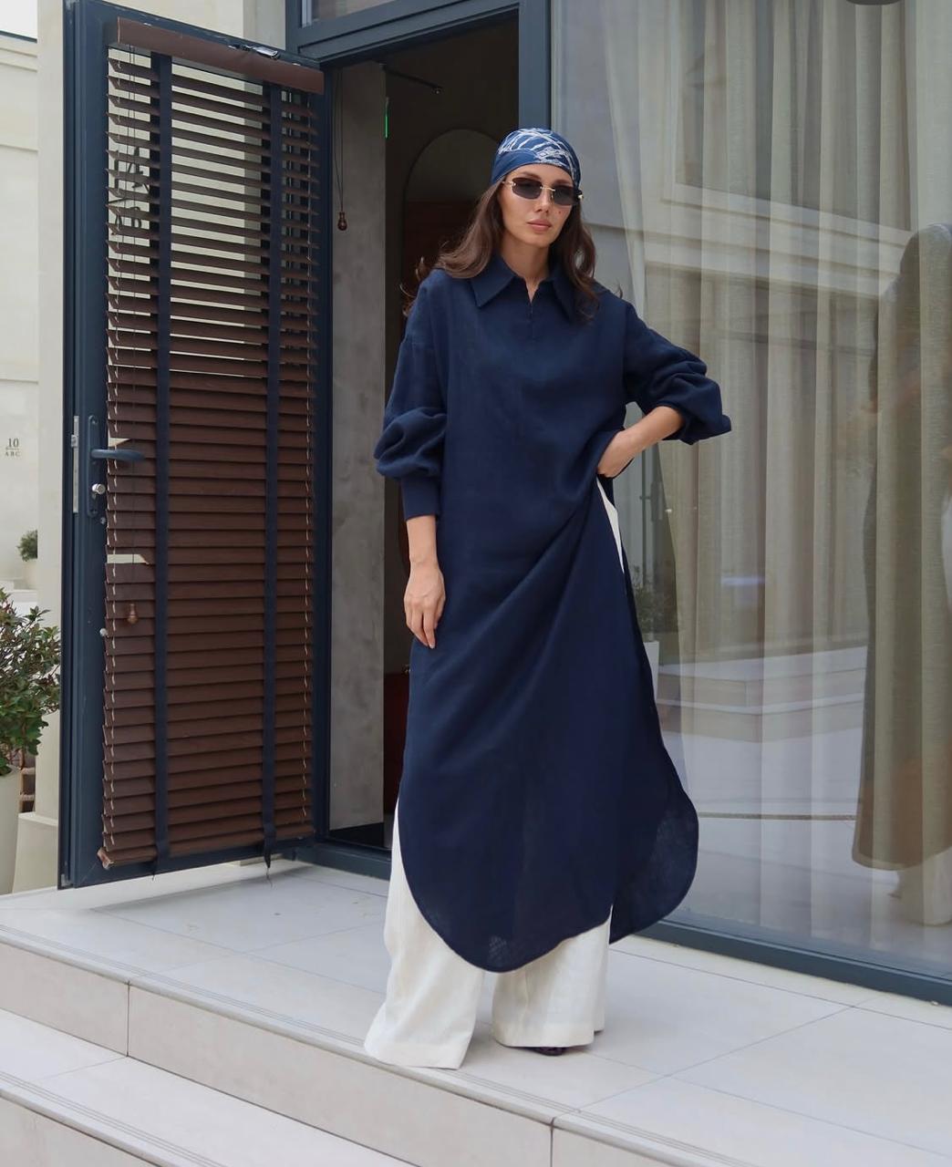 Navy Blue Shirt Style Long Dress | Modest Maxi
