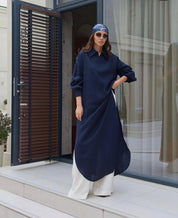 Navy Blue Shirt Style Long Dress | Modest Maxi