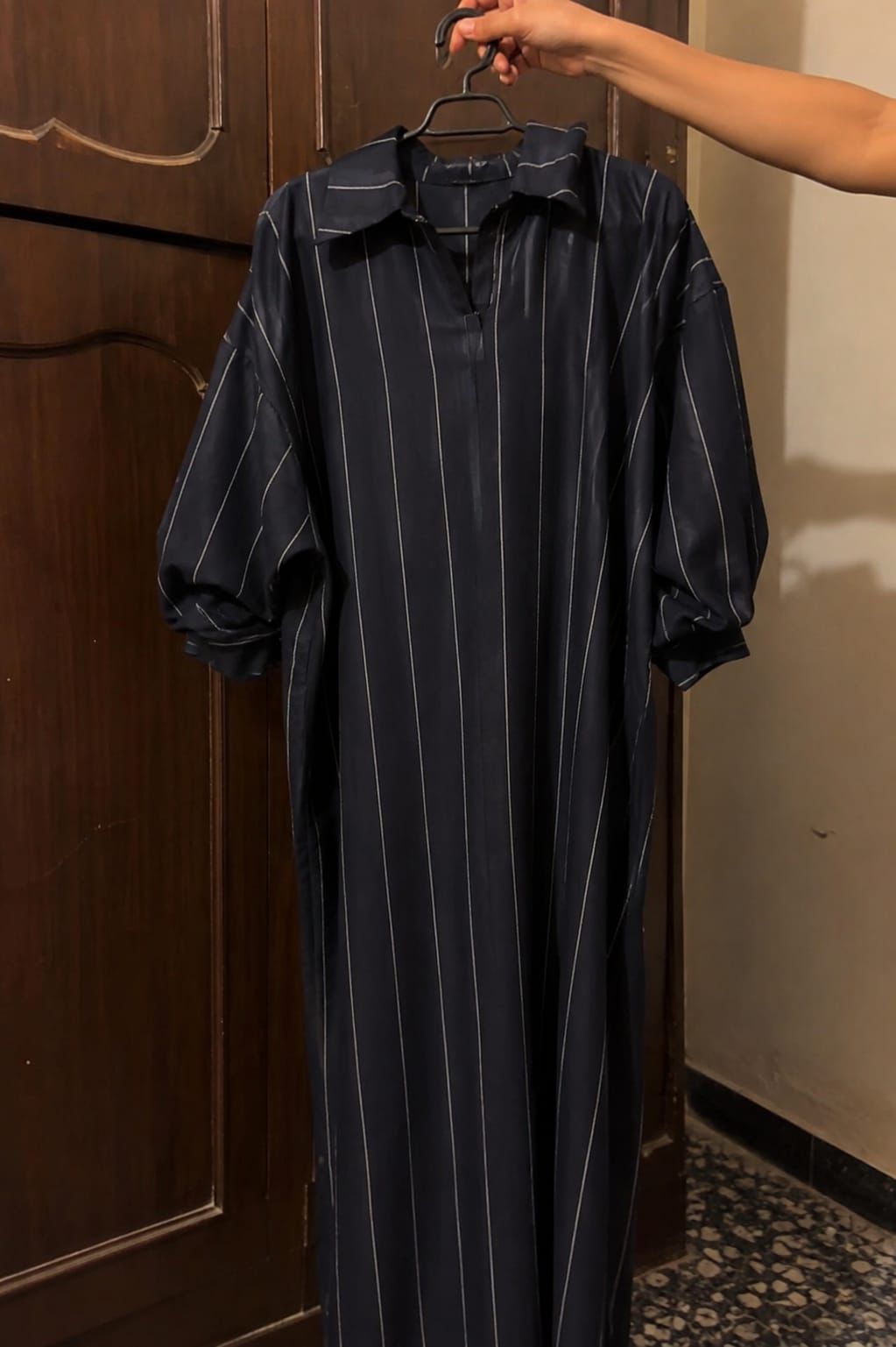 Navy Blue Striped Long Maxi Dress | Modest Shirt Style
