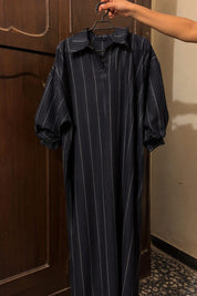 Navy Blue Striped Long Maxi Dress | Modest Shirt Style