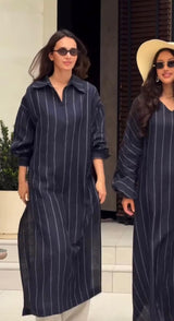 Navy Blue Striped Long Maxi Dress | Modest Shirt Style