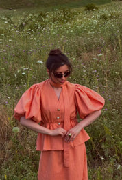 Coral Bloom Puff Sleeve Skirt Set | House of OG