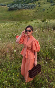 Coral Bloom Puff Sleeve Skirt Set | House of OG