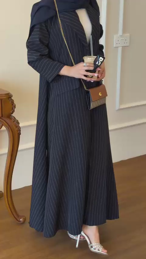 Navy Blue Pinstripe Open Overcoat | Modest Long Coat