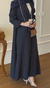 Navy Blue Pinstripe Open Overcoat | Modest Long Coat
