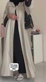 Elegant White & Black Striped Open Abaya | Long Overcoat Style